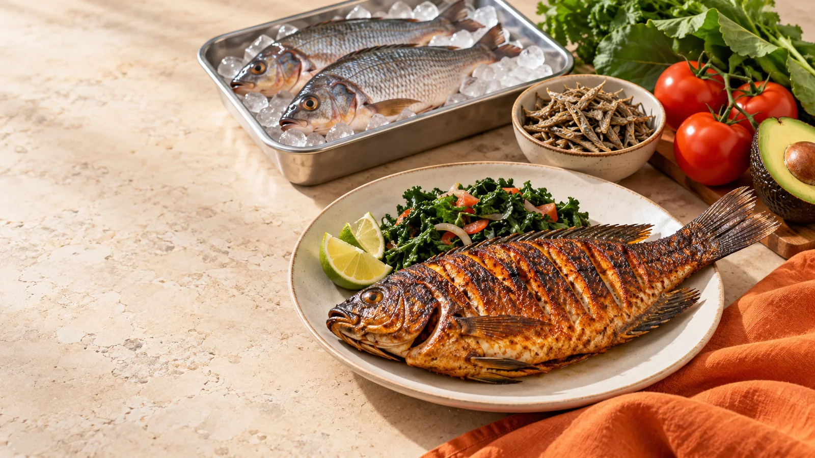 Grilled fish, fresh lake fish, dagaa and vegetables