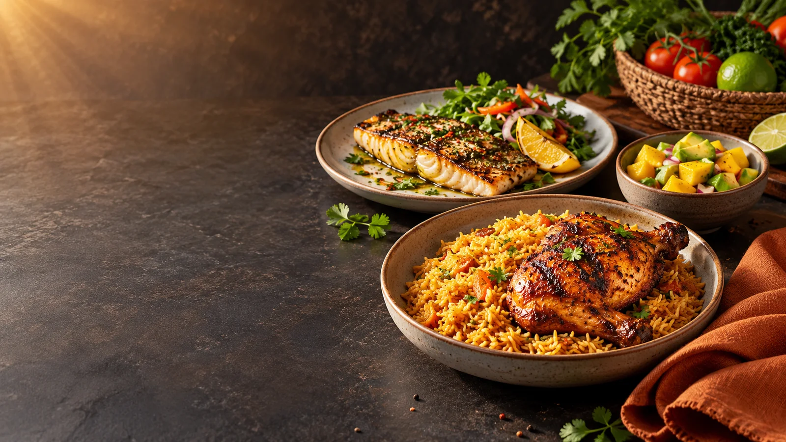 Grilled chicken, rice, fish and fresh produce