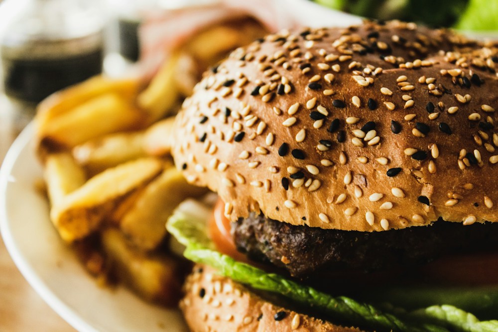 Fresh burger with vegetables and golden fries